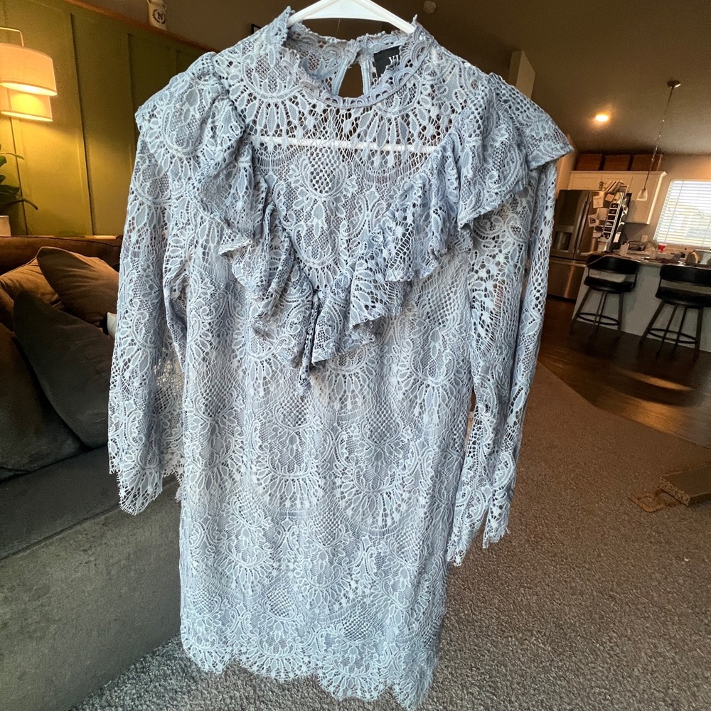 Vici ruffled lace dusty blue dress